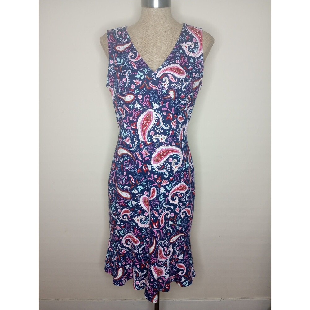 TALBOTS Dress Sleeveless Womens Sz M Navy Paisley Ruffle Hem Faux Wrap Cotton